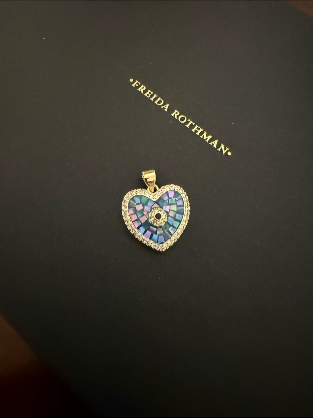 Freida Rothman Gold Heart Necklace Pendant with Iridescent Blue-Purple Mosaic